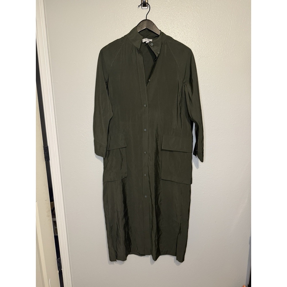 COS Women's Olive Green Cotton Long Sleeve Button Front Shirt Dress Size 6